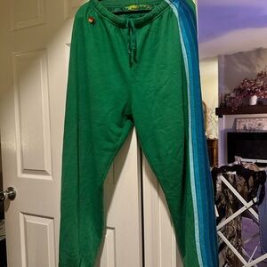 Aviator Nation Green Jogger Sweatpants with Ombre Blue Stripe – Size XL